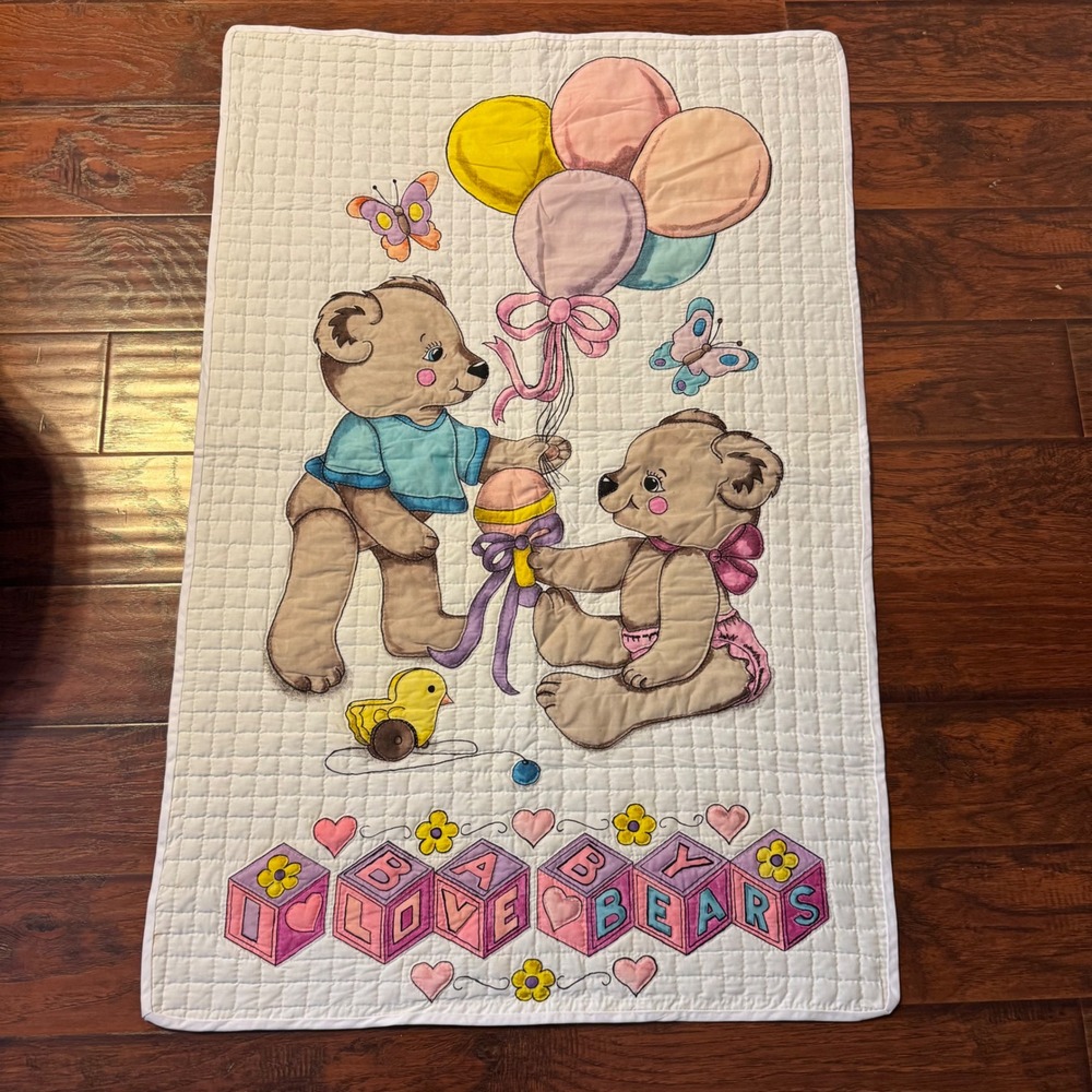 Vintage Nursery Baby 33x48 Quilted Blanket Teddy Bears I Love Bears Blocks White
